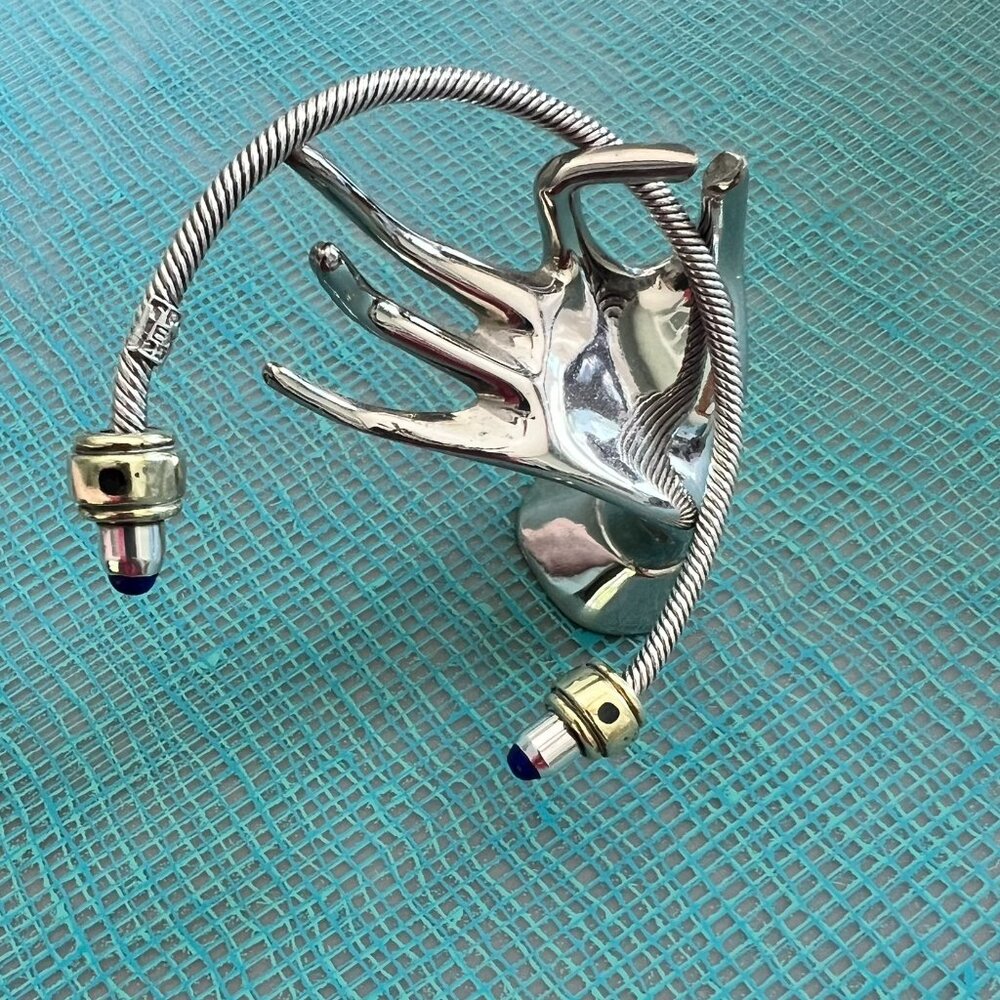 VINTAGE TAXCO MEXICO STERLING SILVER LAPIS ROPE MODERNIST SPIKE CUFF BRACELET